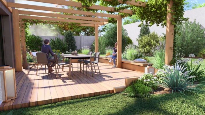 Plan 3D : terrasse bois avec banc en bois par au jardin des reves paysagistes Saint Brévin
