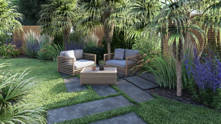 Plan 3D : allée de jardin en ardoise et salon de jardin