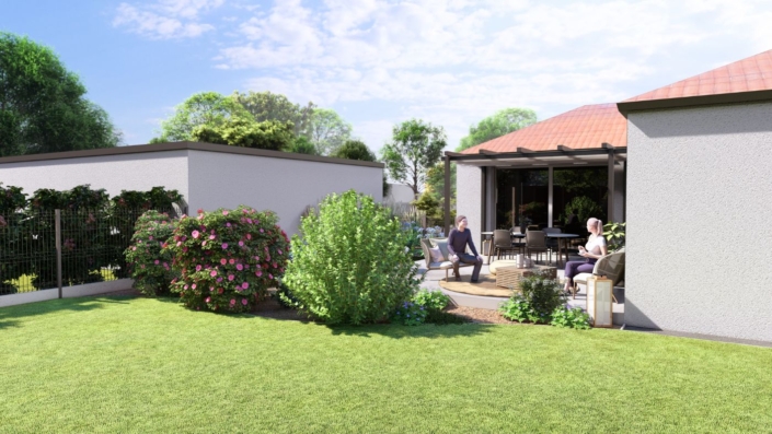 Plan 3D : Gazon et terrasse sous pergola