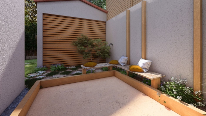 Plan 3D d'un terrain de pétanque de jardin par au jardin des reves