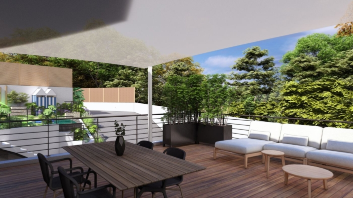 Plan 3D : terrasse bois par au jardin des reves