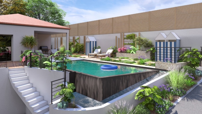 Plan 3D : terrasse surélevée béton, et piscine par au jardin des rêves