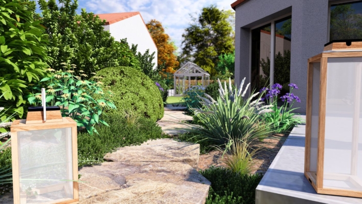 Plan 3D : allée de jardin en pierre naturelles