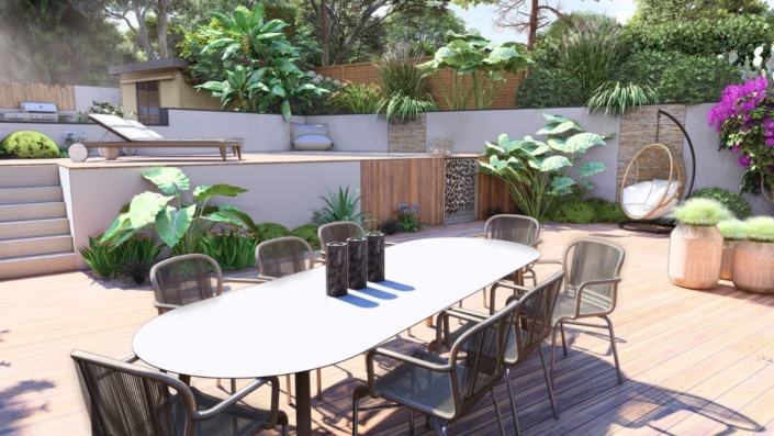 Plan 3D : terrasse bois avec étage et mobilier, et piscine