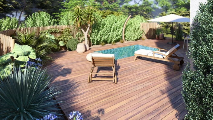 Plan 3D : terrasse bois et piscine