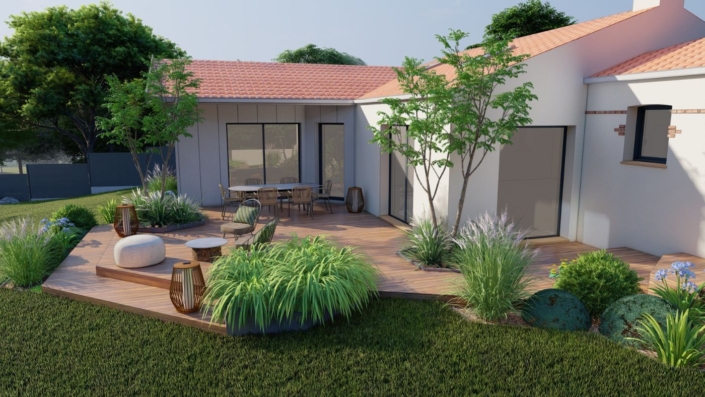Plan 3D : terrasse avec jardinière exagonales