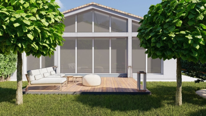Plan 3D : terrasse bois et coin détente