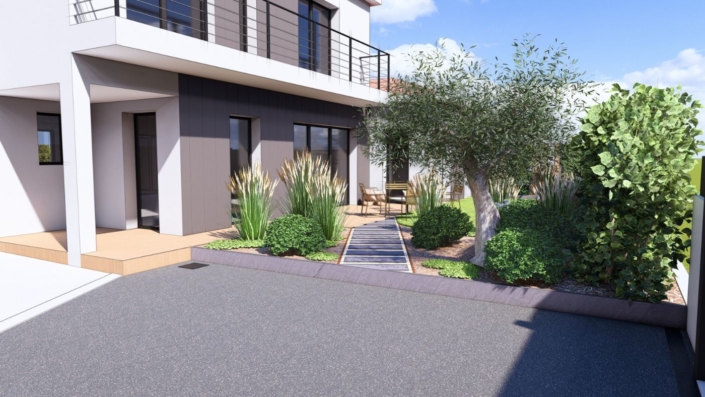 Plan 3D : allée de jardin et massifs