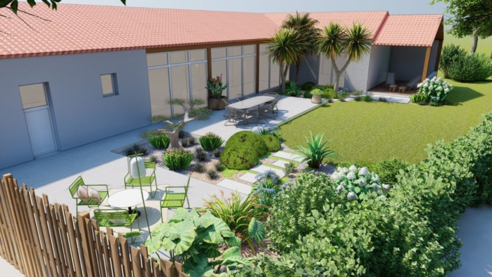 Plan 3D : terrasse et massifs