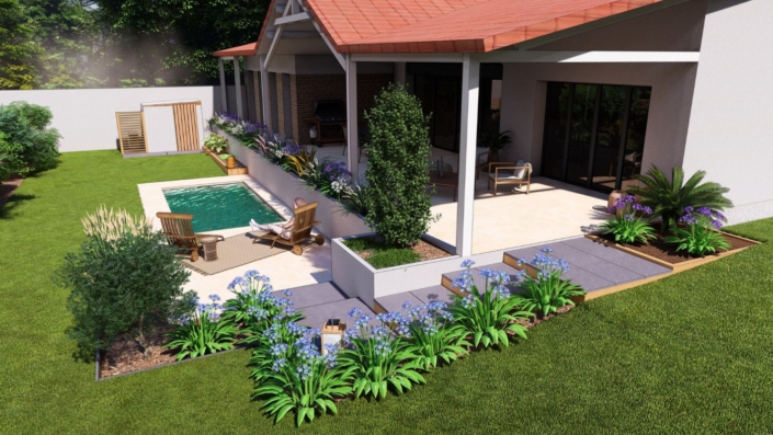 Plan 3D : Terrasse bois et escalier en ardoise par au jardin des rêves paysagiste pornic