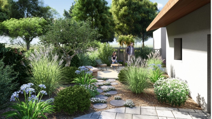 Plan 3D : terrasse pavée et allée de jardin en pas japonais