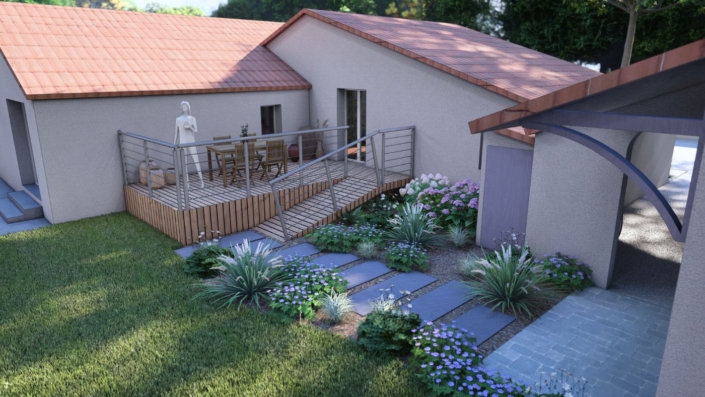 Plan 3D : allée de jardin ardoise et terrasse bois