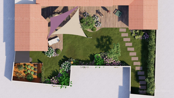 44210 plan 3D vue du ciel terrasse pas japonais coin potager