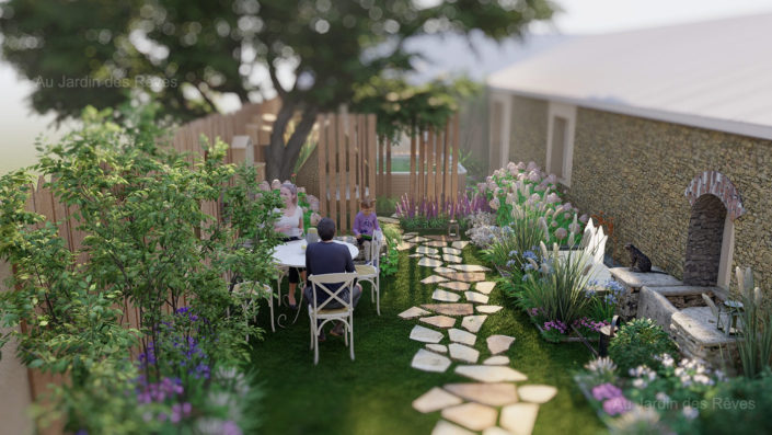 Plan 3D jardin bucolique avec cheminement et plantations denses