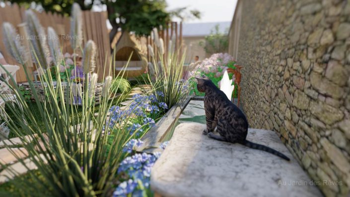 Aménagement extérieur pornic plan 3d point d'eau jardin bucolique et chat