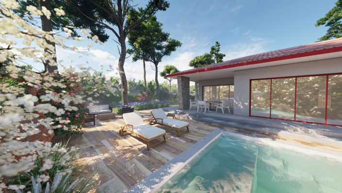 Au jardin des Reves plan 3D Terrasse bois autour de la piscine