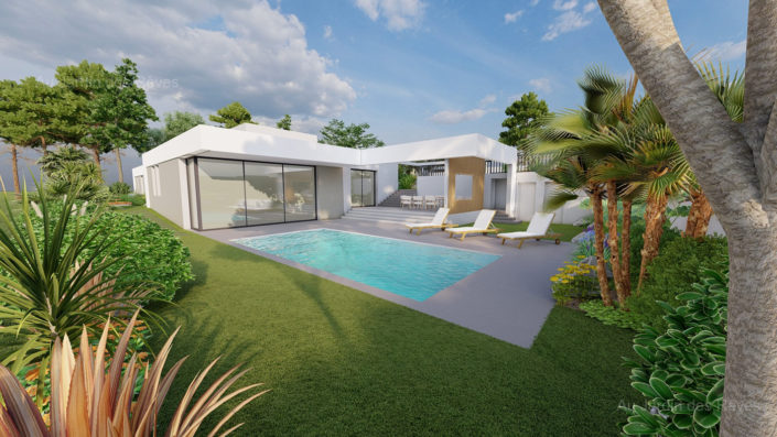 la plaine sur mer plan 3D terrasse piscine gazon et massif