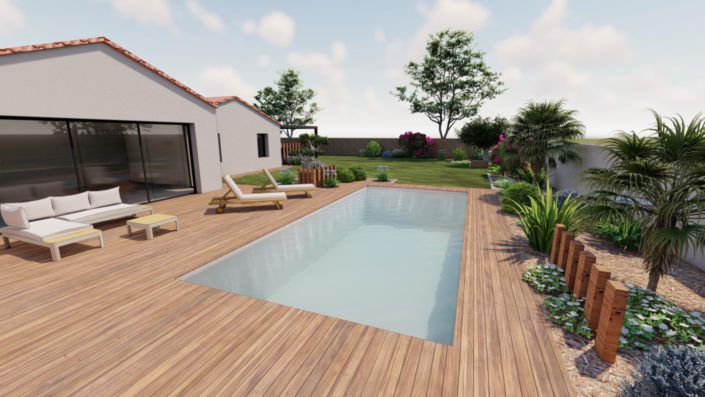 Plan 3D : creation terrasse bois massif autour piscine paysagiste au jardin des reves