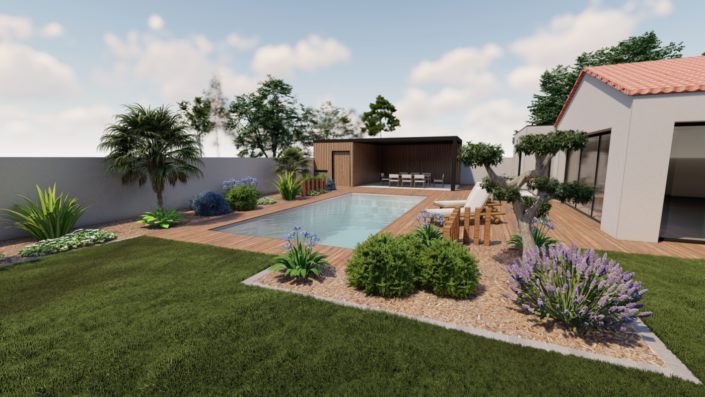 Plan 3D : Massifs autour piscine, terrasse bois