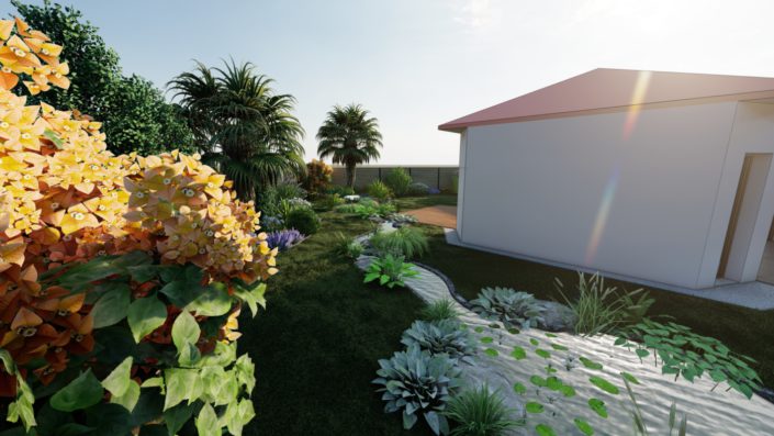 Plan 3D : Riviere jardin paysagiste laplainesurmer