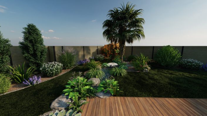 Plan 3D : Terrasse bois, rivière, plantation d'eau