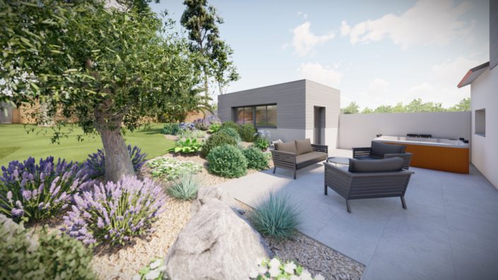 Plan 3D : terrasse carrelage massif olivier et lavande paysagiste pornic au jardin des reves