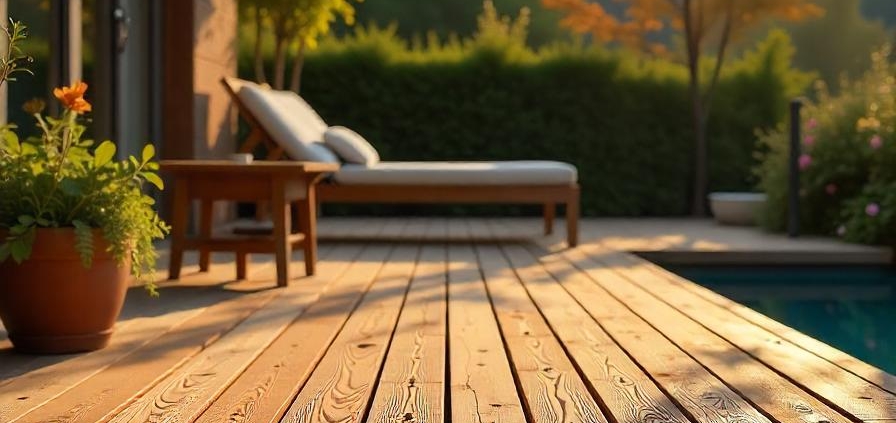 terrasse éxterieure avec piscine et transates. matériau de terrasse, au jardin des reves paysagiste pornic