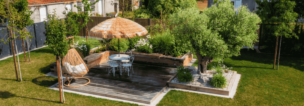 vue panoramique terrasse bois et matériau de terrasse au jardin des reves