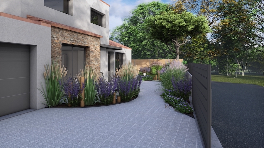 Plan 3d allée pavée et végétalisée par au jardin des reves