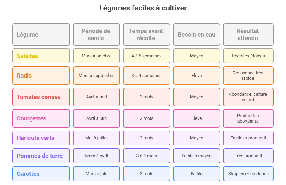 Tableau pratique _ les légumes les plus faciles à cultiver - visual selection Tableau pratique : les légumes les plus faciles à cultiver LÉGUME PÉRIODE DE SEMIS TEMPS AVANT RÉCOLTE BESOIN EN EAU RÉSULTAT ATTENDU Salades Mars à octobre 4 à 6 semaines Moyen Récoltes étalées Radis Mars à septembre 3 à 4 semaines Élevé Très rapide Tomates cerises Avril à mai 3 mois Moyen Abondance, culture en pot Courgettes Avril à juin 2 mois Élevé Production abondante Haricots verts Mai à juillet 2 mois Moyen Facile et productif Pommes de terre Mars à avril 3 à 4 mois Faible à moyen Très productif Carottes Mars à juin 3 mois Faible Simples et rustiques