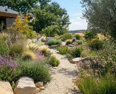 Aménagement paysager aride avec allée en graviers et massifs fleuris Chemin en graviers serpentant entre des massifs de plantes résistantes à la sécheresse, avec graminées, lavandes et roches naturelles dans un jardin inspiré du climat méditerranéen.