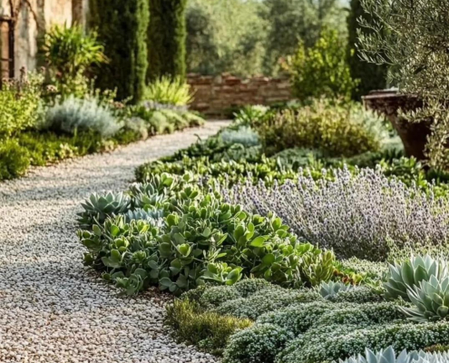 Jardin sec méditerranéen avec graviers blancs et massifs de succulentes Allée en graviers blancs au cœur d’un jardin sec méditerranéen, bordée de succulentes, d’euphorbes et de cyprès, créant une ambiance naturelle et résistante à la sécheresse.