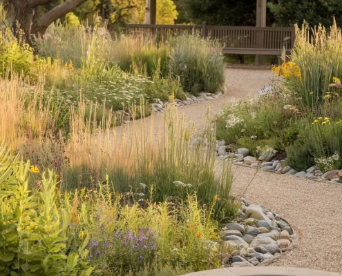 Jardin naturaliste avec bassin en pierre, graminées et pergola en bois Allée courbe en gravier traversant un jardin naturaliste planté de graminées et vivaces, avec un bassin en pierre au premier plan et une pergola en bois en arrière-plan.