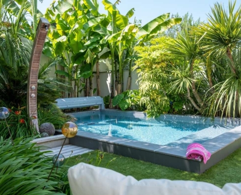 Piscine exotique entourée de plantes tropicales